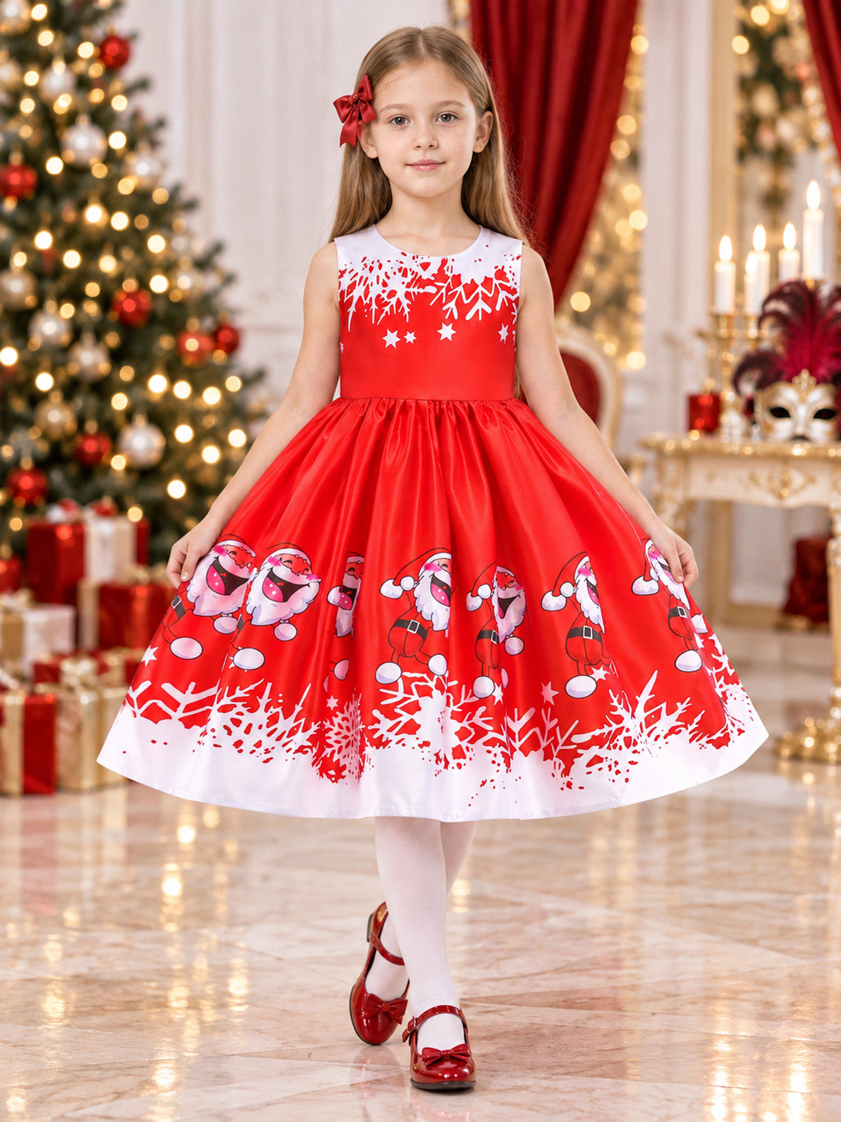 Children's dress with a puffy skirt and New Year print