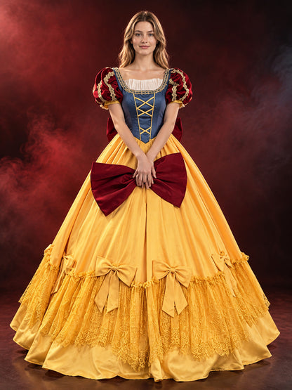 Princess costume with a puffy dress, bow, and crinoline