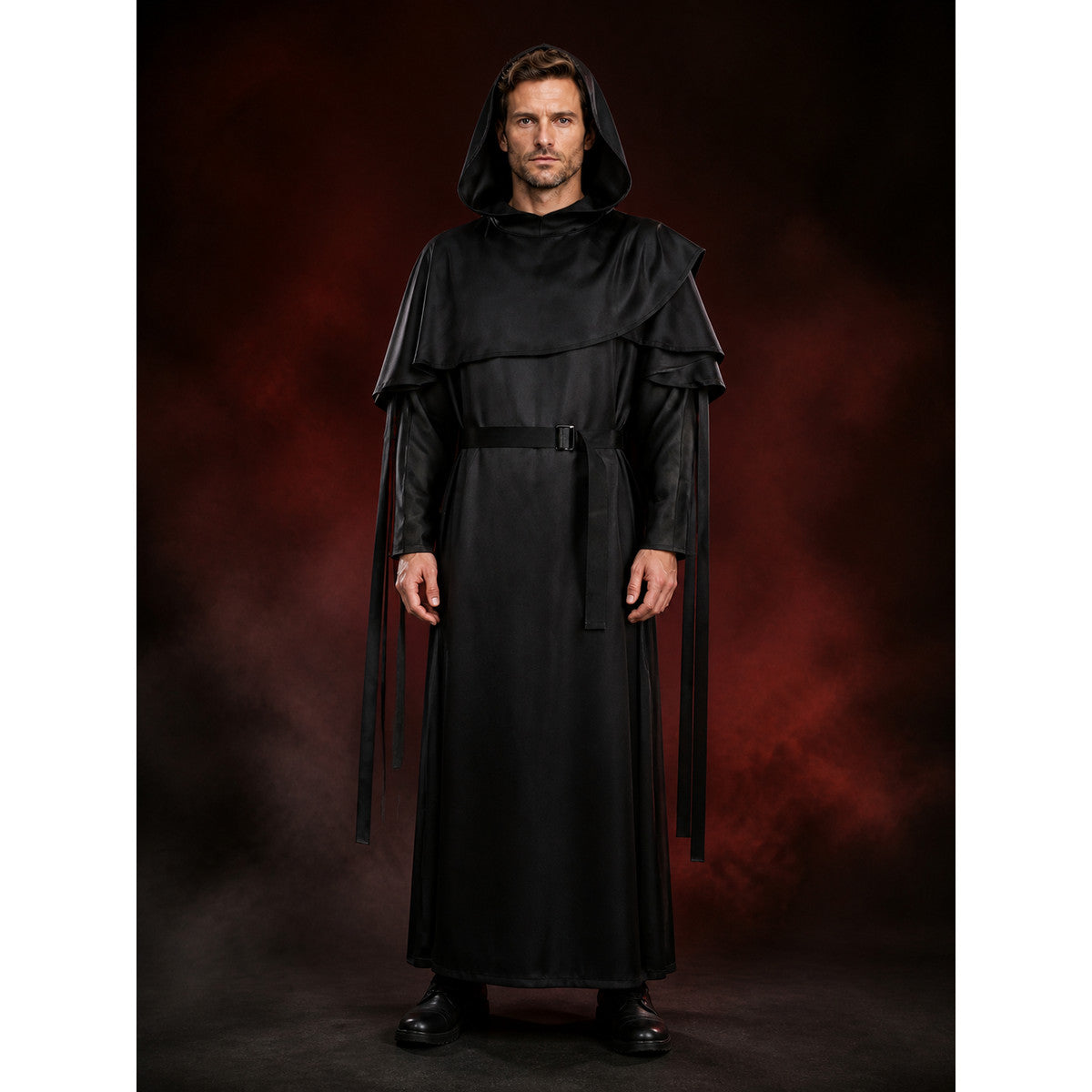 Black Hooded Wizard Robe Costume Set with Layered Shoulders and Belt main product view