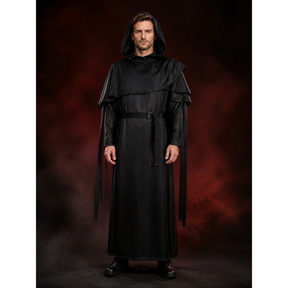 Black Hooded Wizard Robe Costume Set with Layered Shoulders and Belt main product view