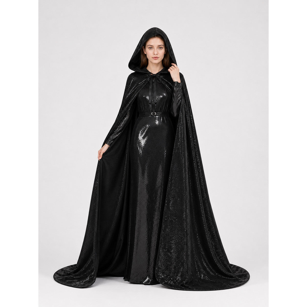 Black Gothic Hooded Carnival Cloak lifestyle view 2
