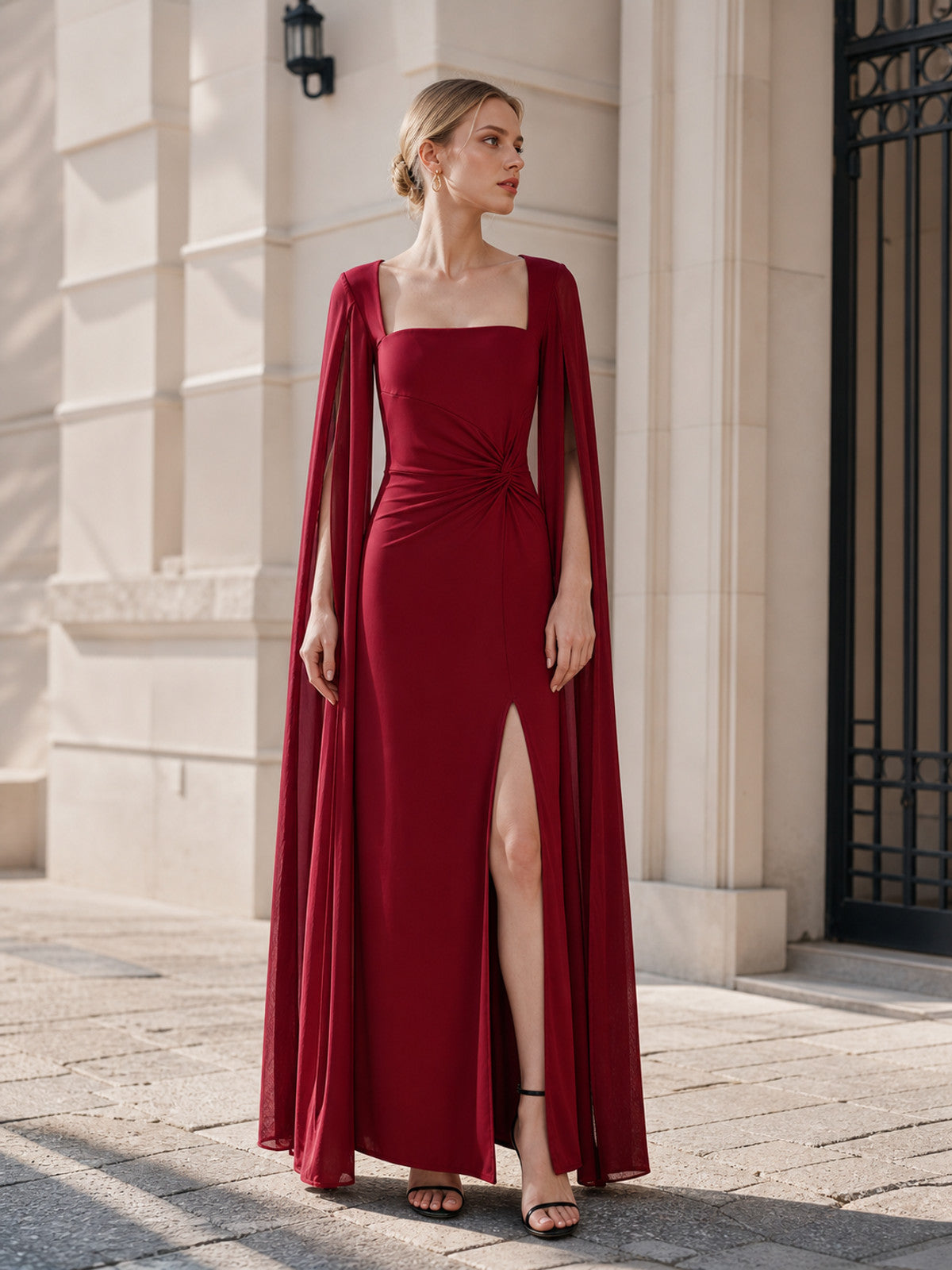Burgundy Maxi Dress with Square Neckline and Slit Costume Dresses detail