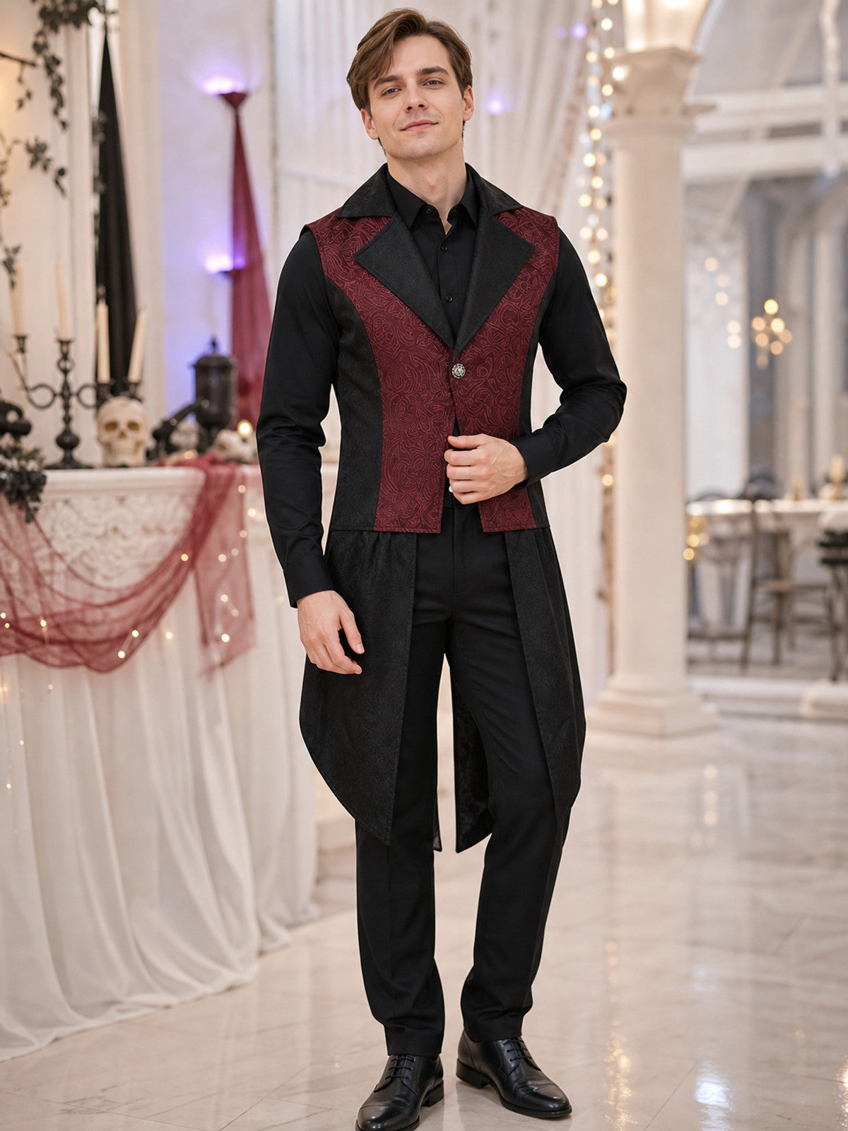 Long Black and Burgundy Steampunk Tailcoat Vest lifestyle view