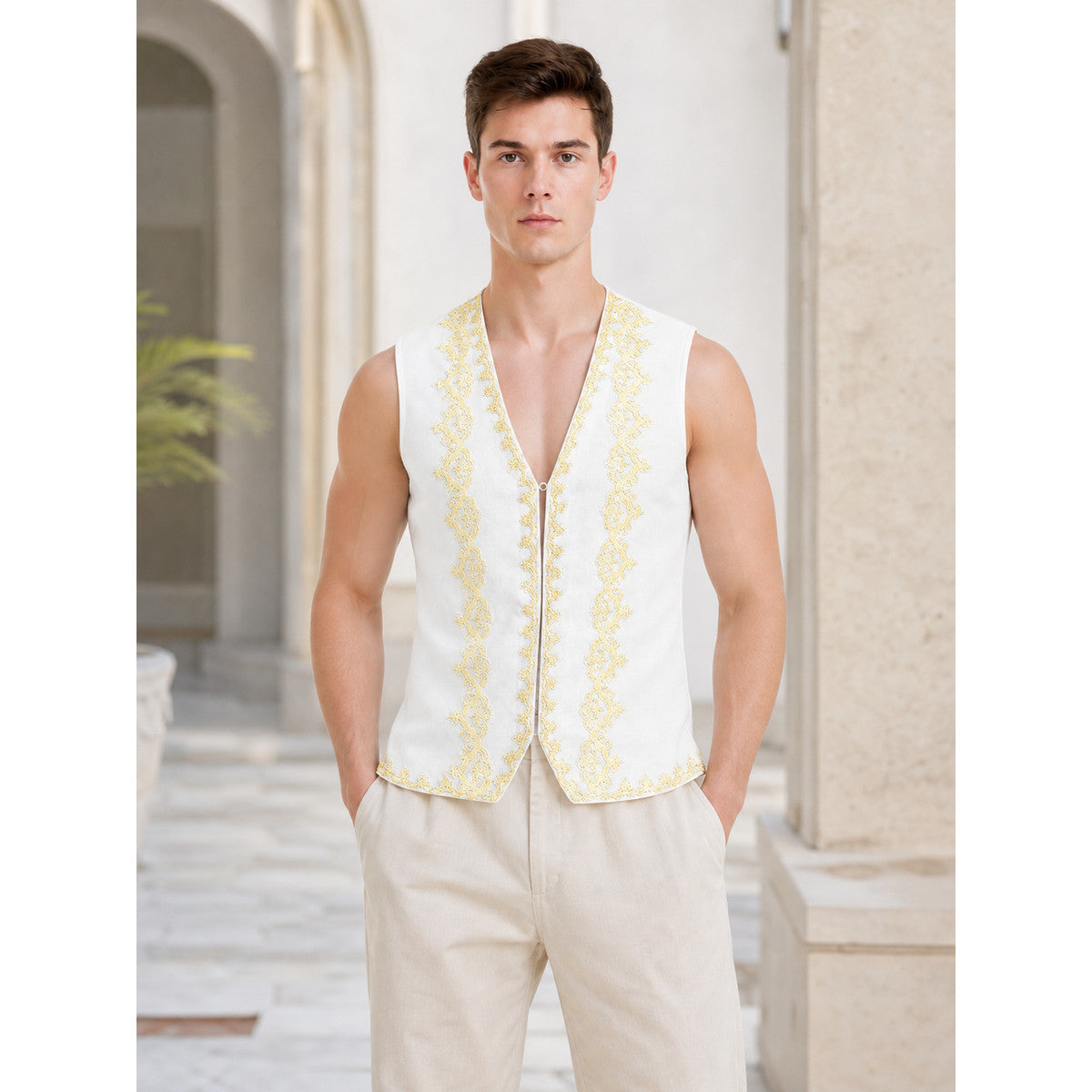 White Sleeveless Decorative Vest with Gold Trim lifestyle