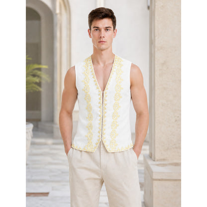 White Sleeveless Decorative Vest with Gold Trim lifestyle