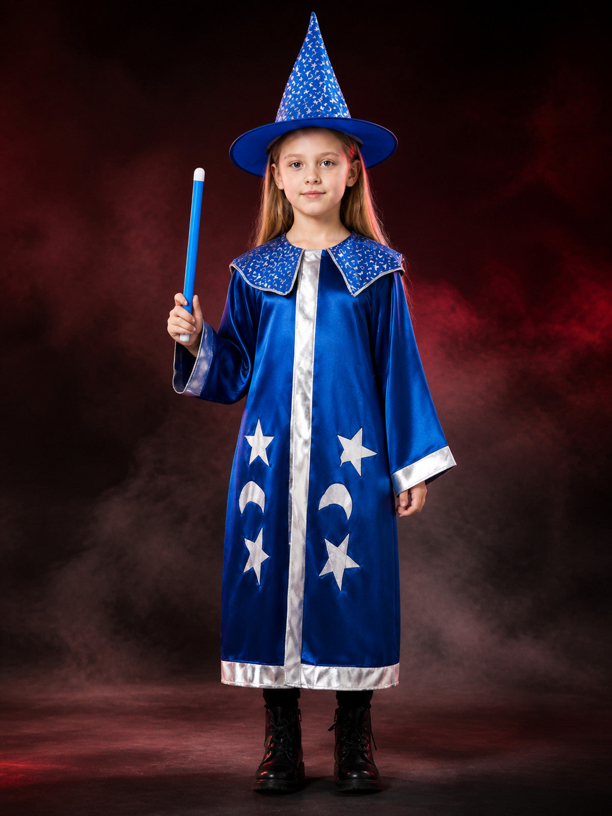 Blue Wizard Costume Set, Star Moon Cloak and Pointed Hat main product view