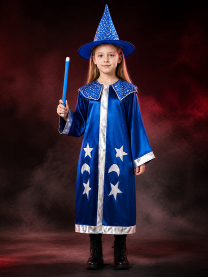 Blue Wizard Costume Set, Star Moon Cloak and Pointed Hat main product view