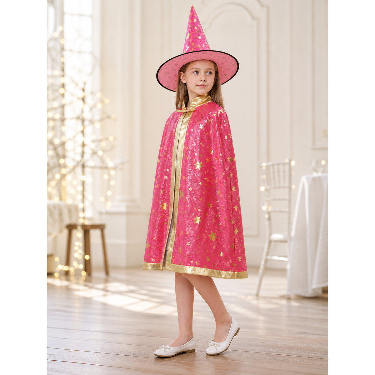 Costume Cloak with Pointed Hat, Raspberry, with Stars lifestyle view