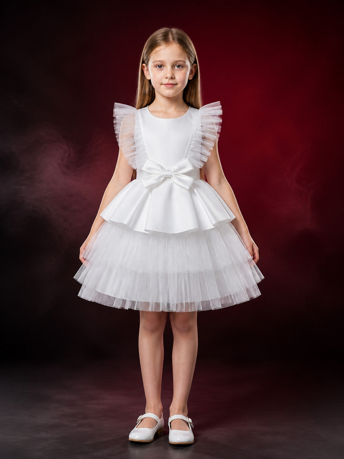 Girls' White Princess Dress, Ruffled Layered Tulle Skirt With Bow main product view