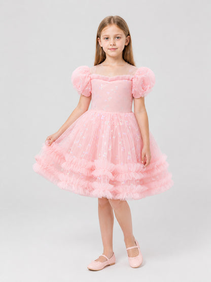 Pink Girls’ Princess Dress with Puff Sleeves