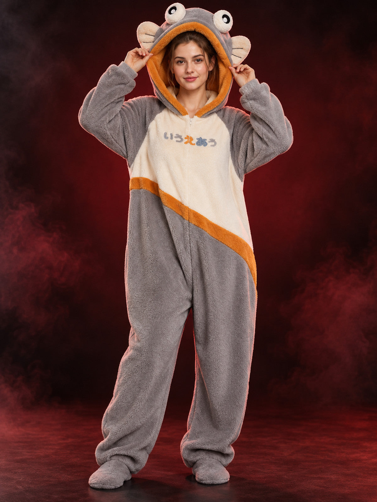 Gray jumpsuit pajama with cartoon hood and zipper