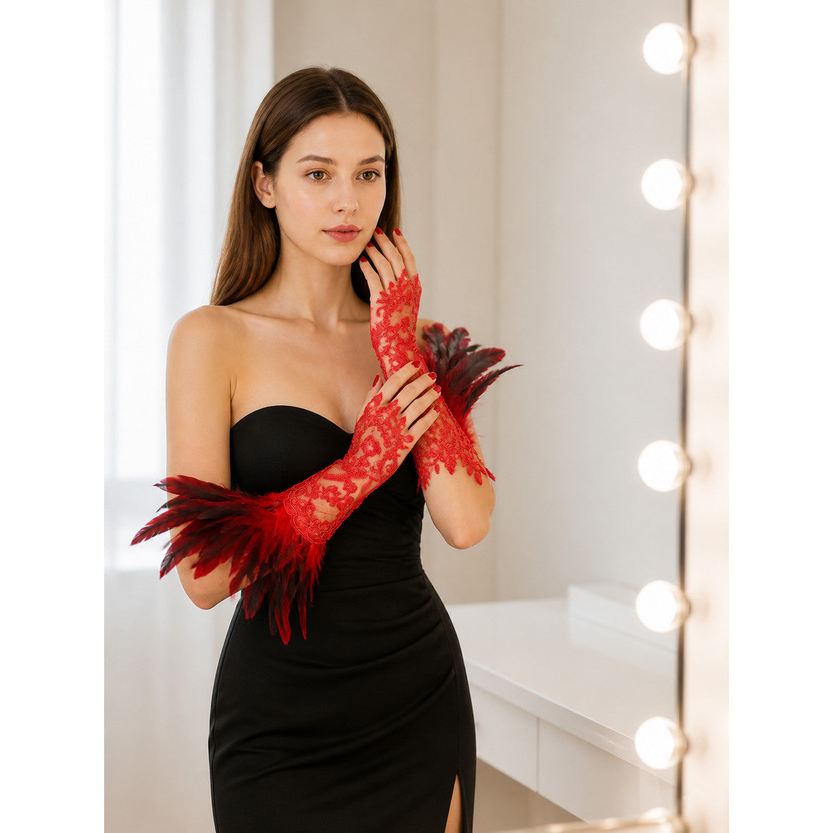 Red Carnival Gloves with Black-and-Red Feathers, Pair