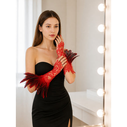 Red Carnival Gloves with Black-and-Red Feathers, Pair