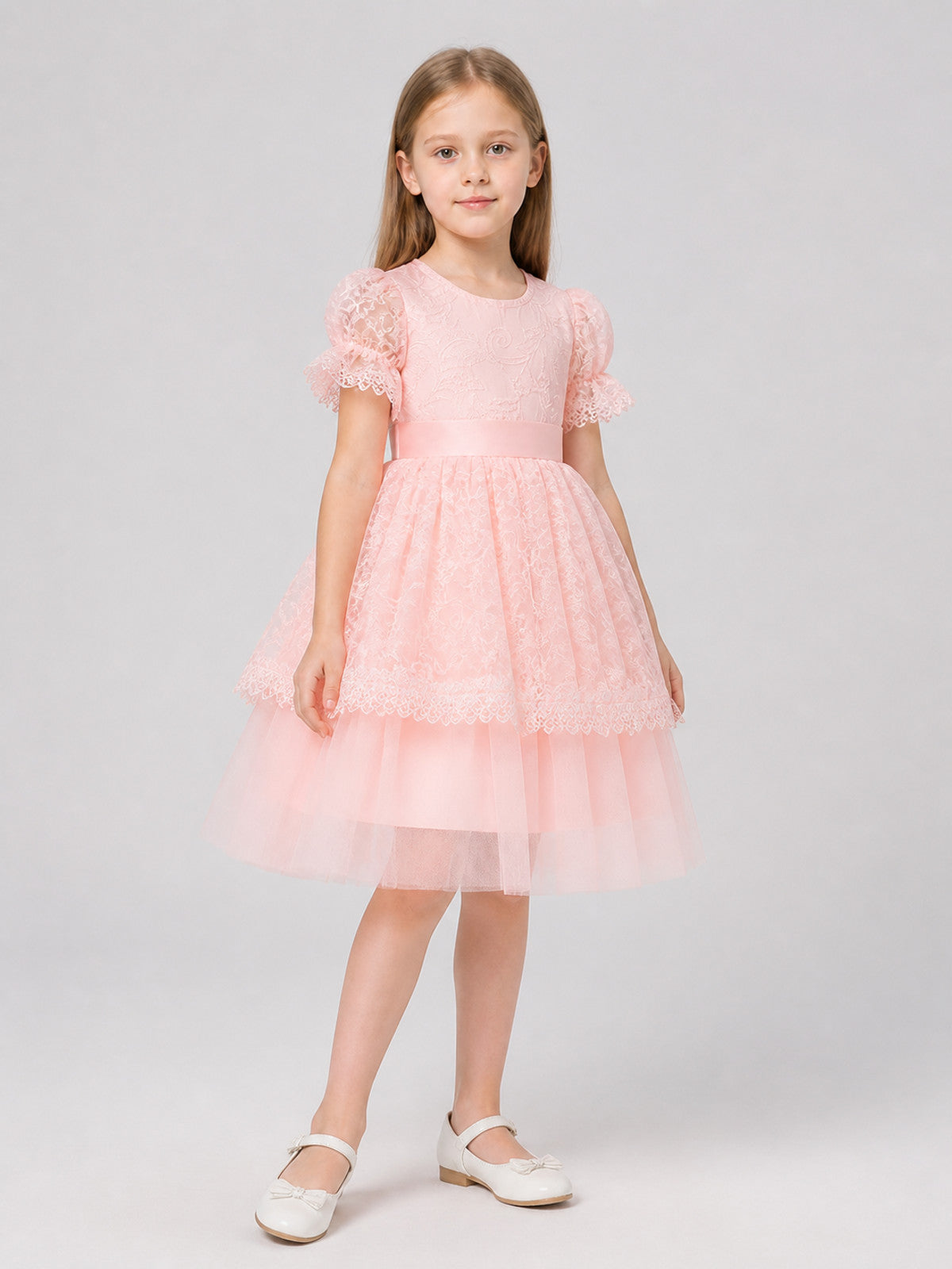 Pink Princess Dress for Girls with Embroidery and Lace Costume Dresses detail