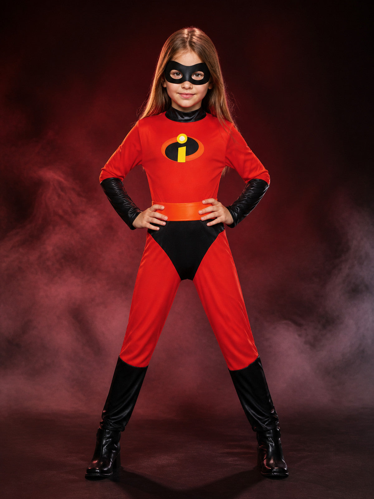 Kids Superhero Costume Bodysuit, Red with Orange Belt and Eye Mask, Halloween