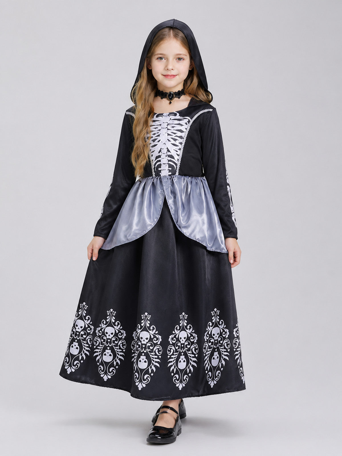 Black Halloween Dress with Hood and Skeleton Design