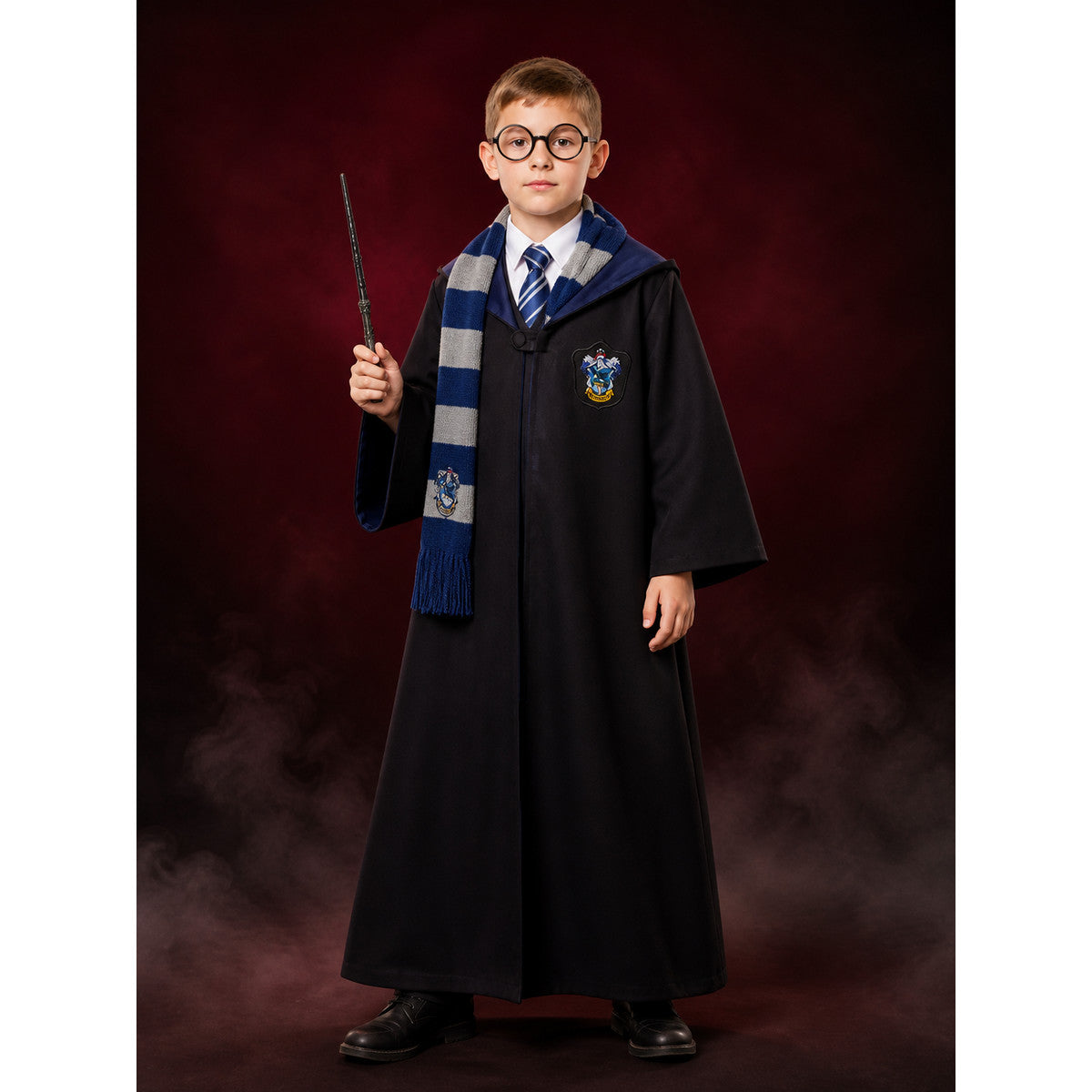 Kids Wizard Costume Set, Long Black Robe With Shawl Collar, Includes Tie, Scarf main product view