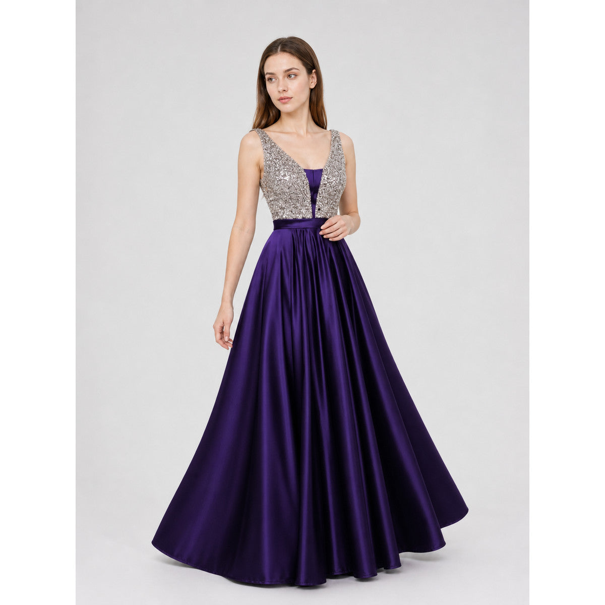 Floor-Length Evening Dress with a V-Neckline