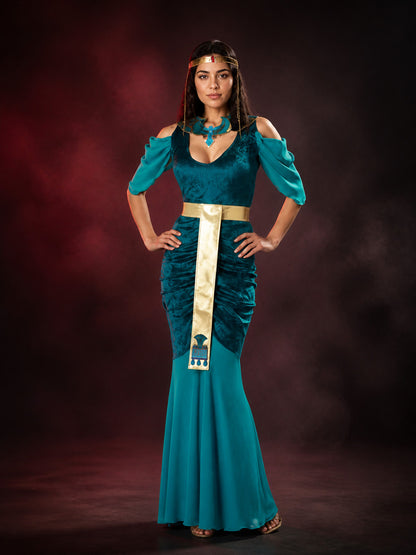 Cleopatra Cosplay Costume, Blue-Green Long Dress with Gold Egyptian Details main product view