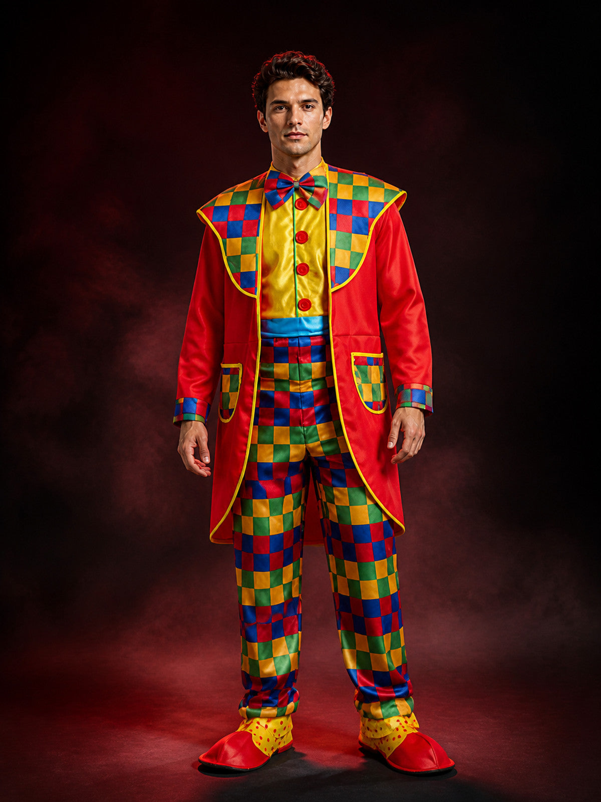 Unisex Clown Circus Costume Set, Multicolor Checkered Coat and Jumpsuit with Bow