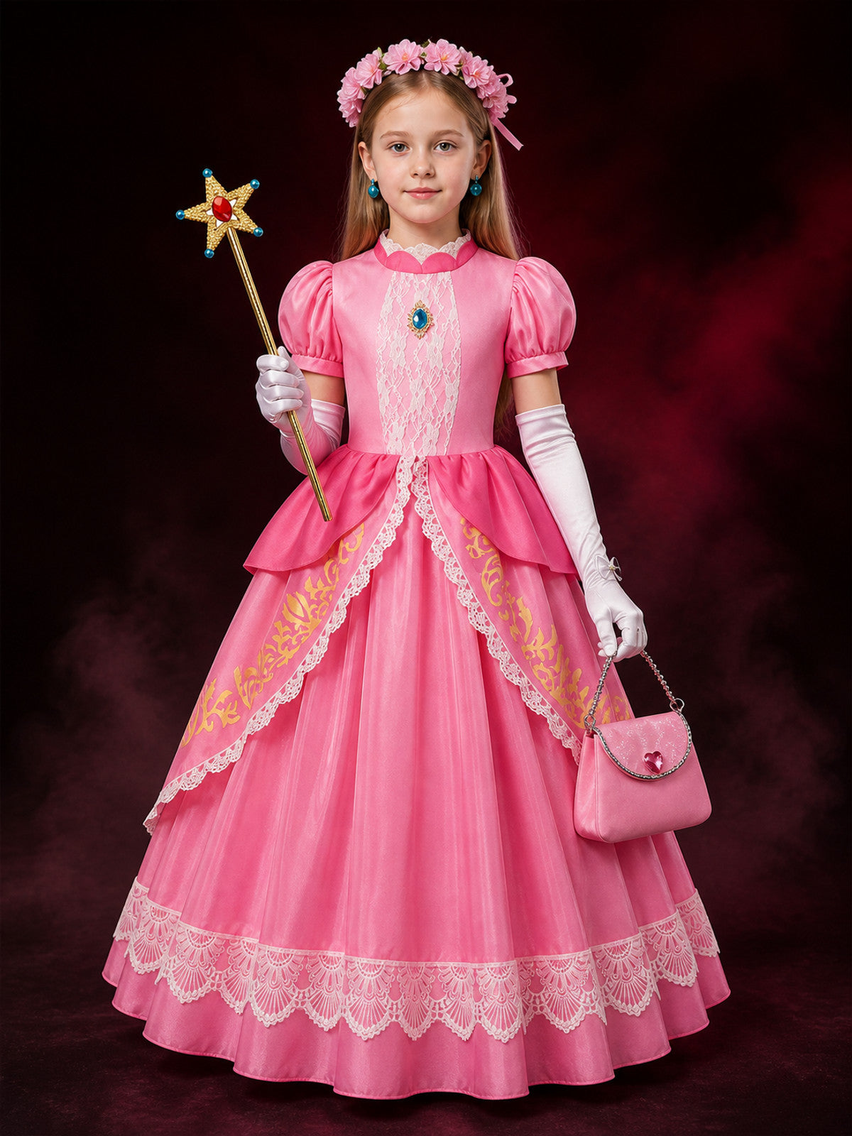 Girls Pink Princess Halloween Costume Dress Set with Magic Wand and Accessories main product view