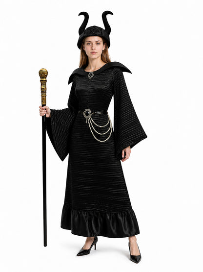 Black Halloween witch costume with crown and wand Costume Headwear detail
