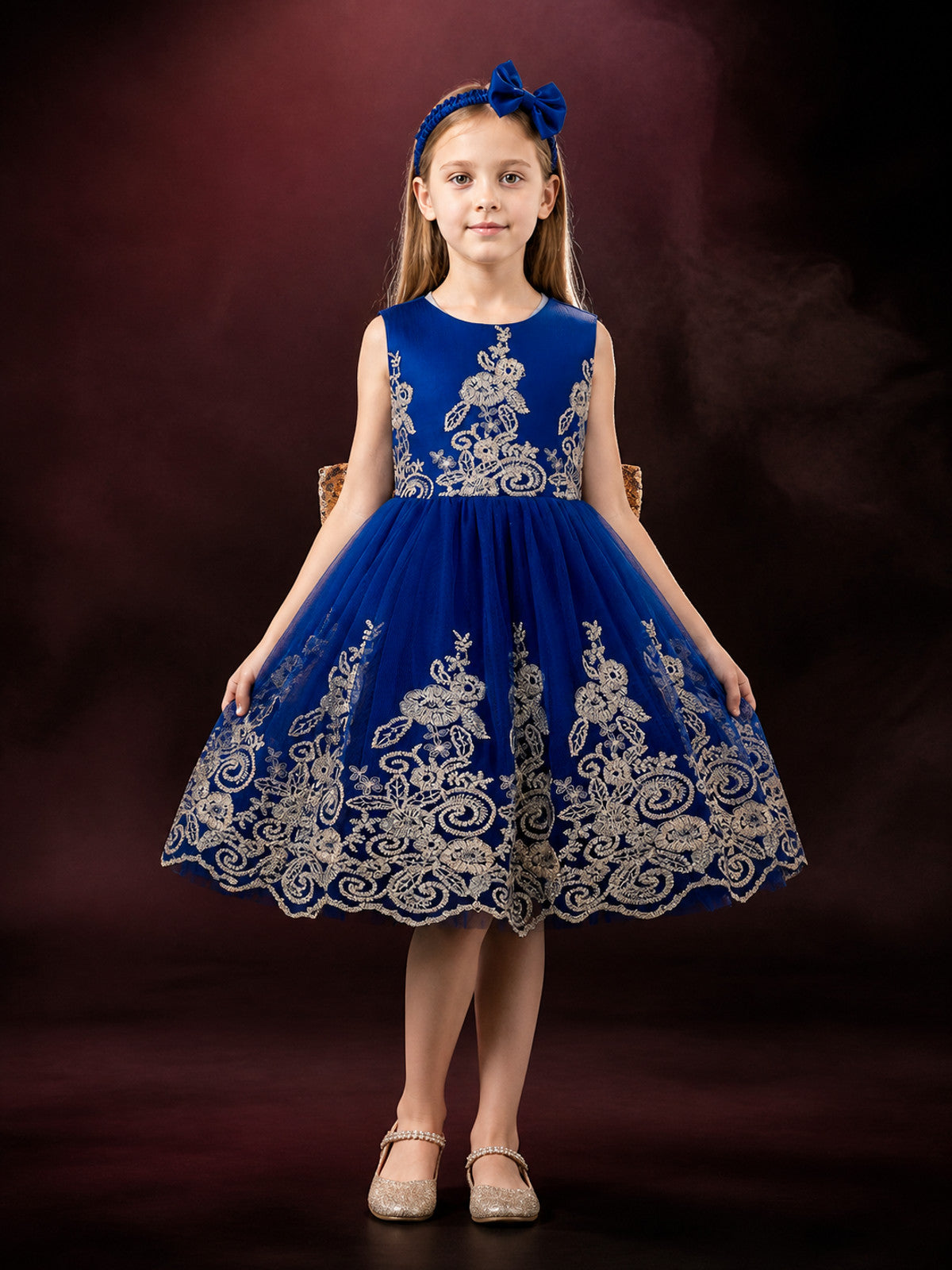 Girls' Blue Princess Dress and Bow Headband Set with Gold Floral Embroidery main product view