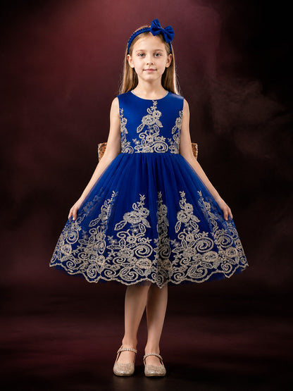Girls' Blue Princess Dress and Bow Headband Set with Gold Floral Embroidery main product view