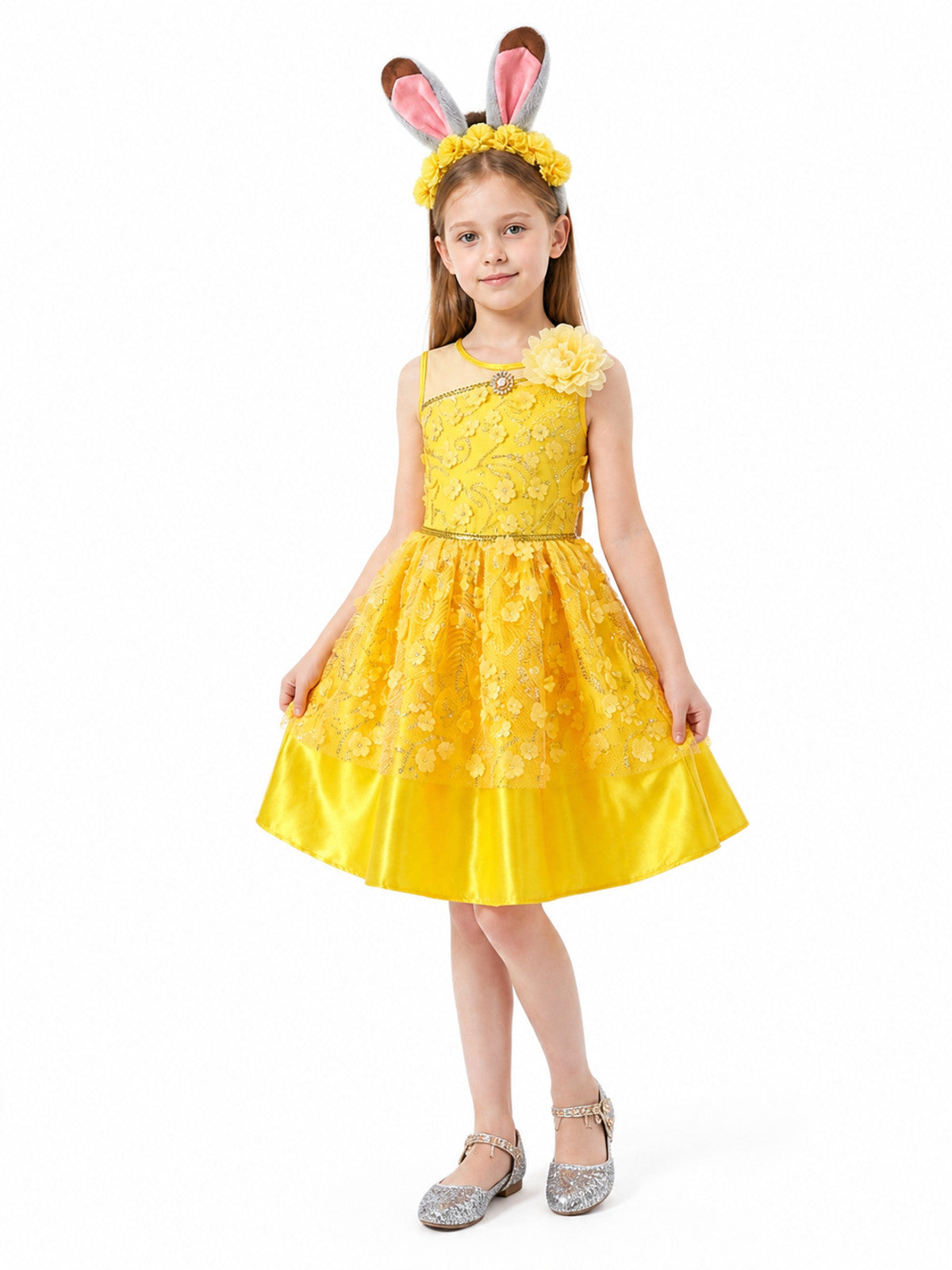 Yellow Cosplay Dress with Floral Decor Costume Dresses detail