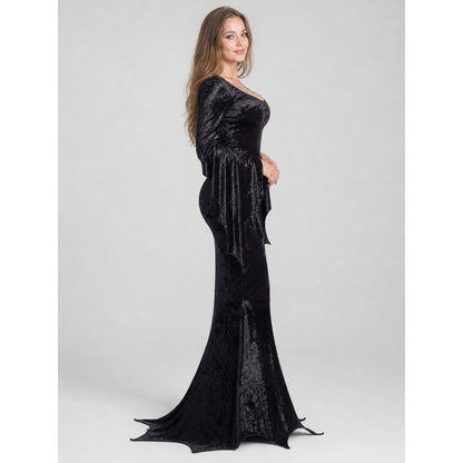 Gothic black carnival dress with batwing sleeves side view