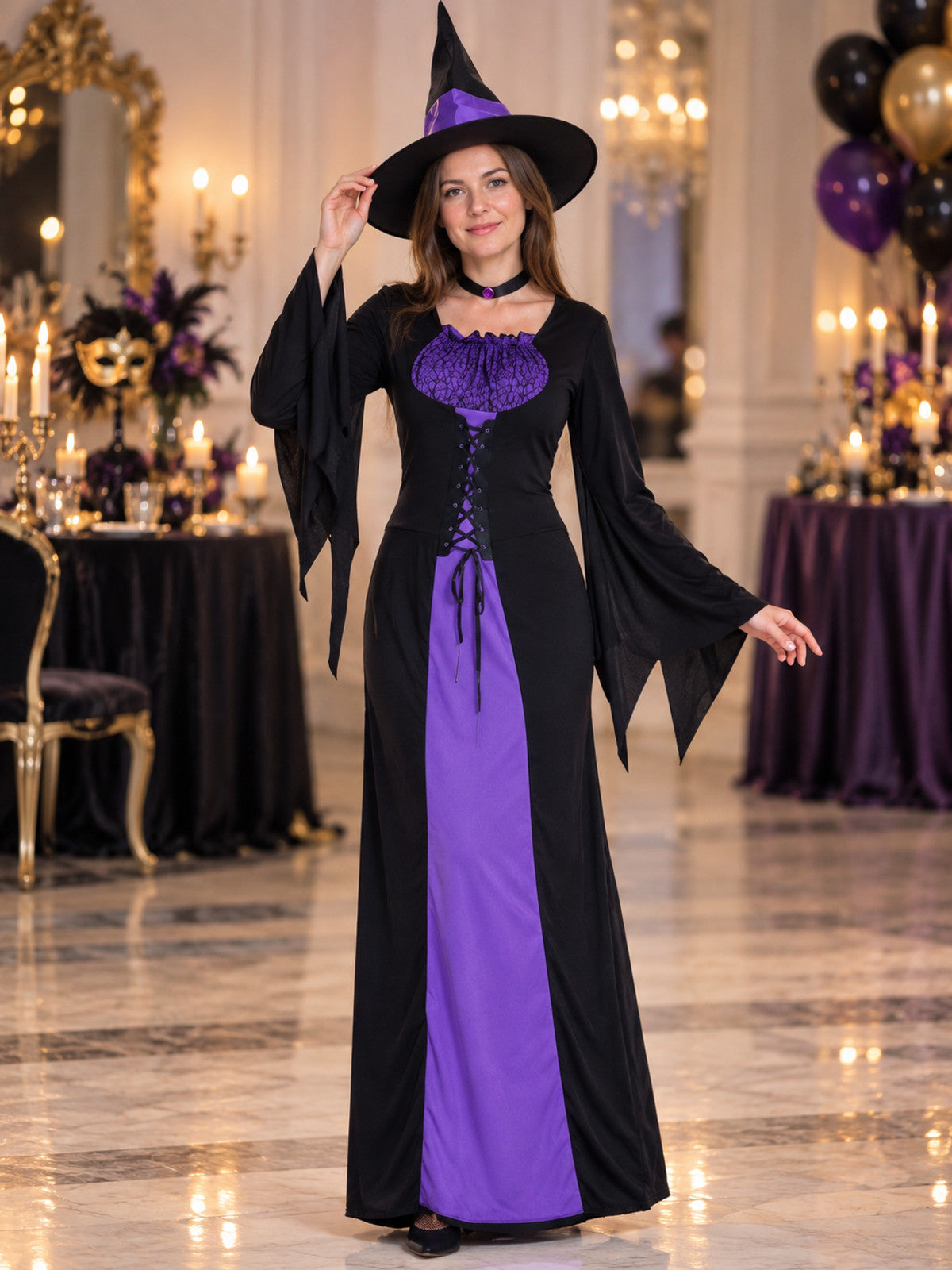 Witch Costume with Pointed Hat and Choker