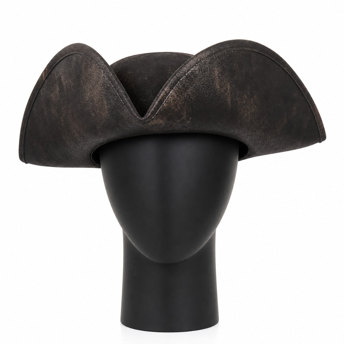 Dark brown tricorn hat with three raised points and stitched edging, displayed on a black mannequin head against a white background