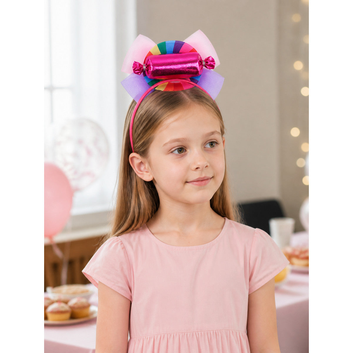 Rainbow Carnival Headband with Candy Decorations and Bow lifestyle view