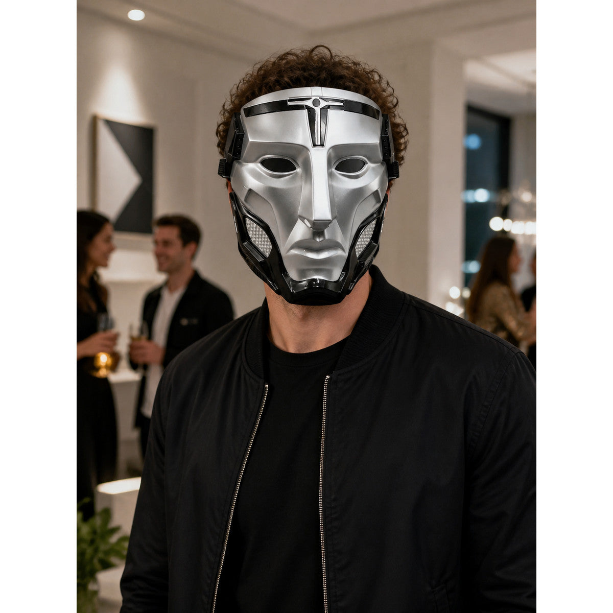 Silver-and-Black Mechanical Cosplay Mask lifestyle view