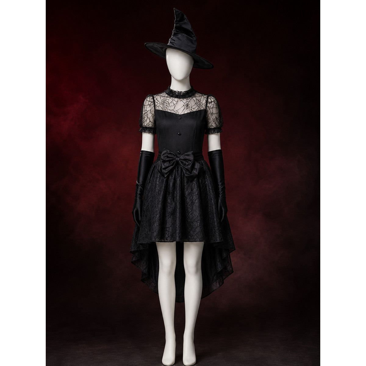 Black Witch Costume Set with Lace Mesh Dress, Pointed Hat and Long Gloves main product view