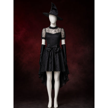 Black Witch Costume Set with Lace Mesh Dress, Pointed Hat and Long Gloves main product view