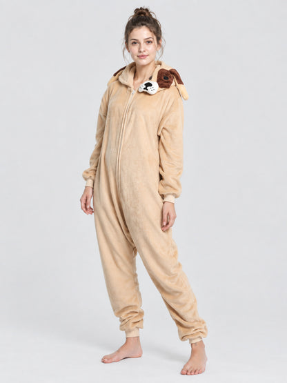 Beige Pajama Jumpsuit with Hood and Dog Tail