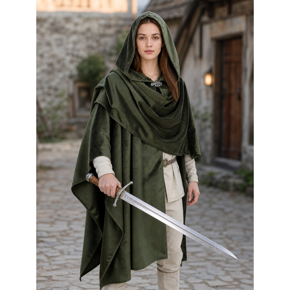 Green hooded cloak worn in an outdoor medieval-style setting, with the hood raised and a sword held across the front