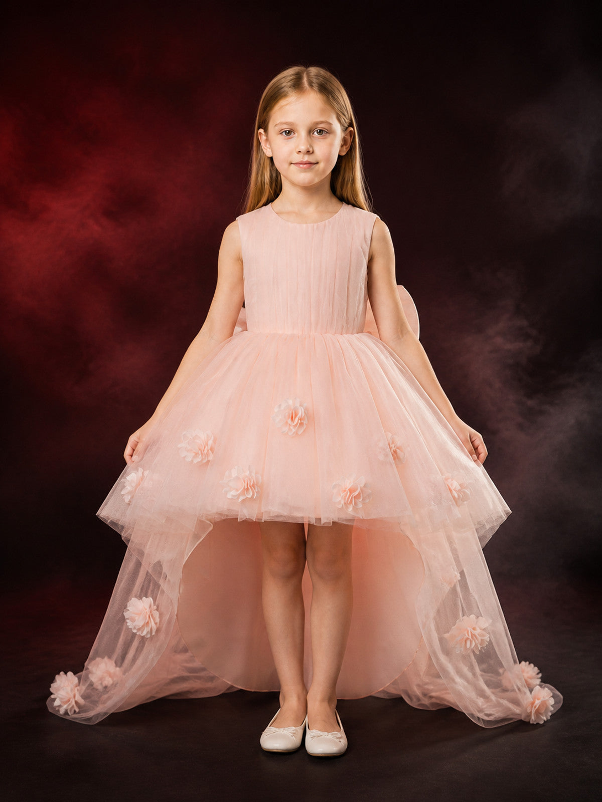 Girls' Flower Girl Princess Dress, Layered Tulle Skirt With 3D Flowers main product view
