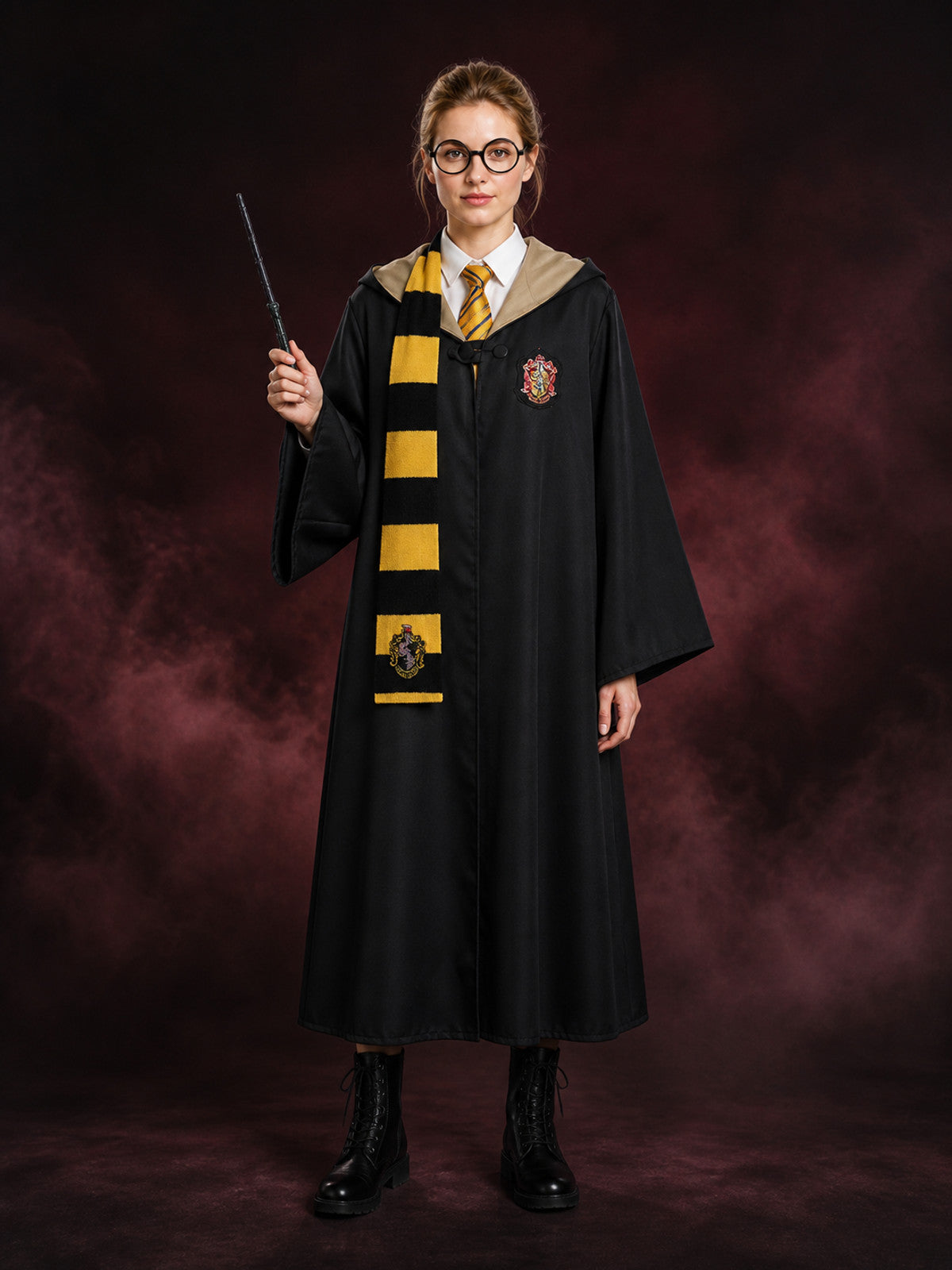 Kids Wizard Robe Hooded Costume Set with Tie, Scarf, Glasses & Wand - Yellow and main product view