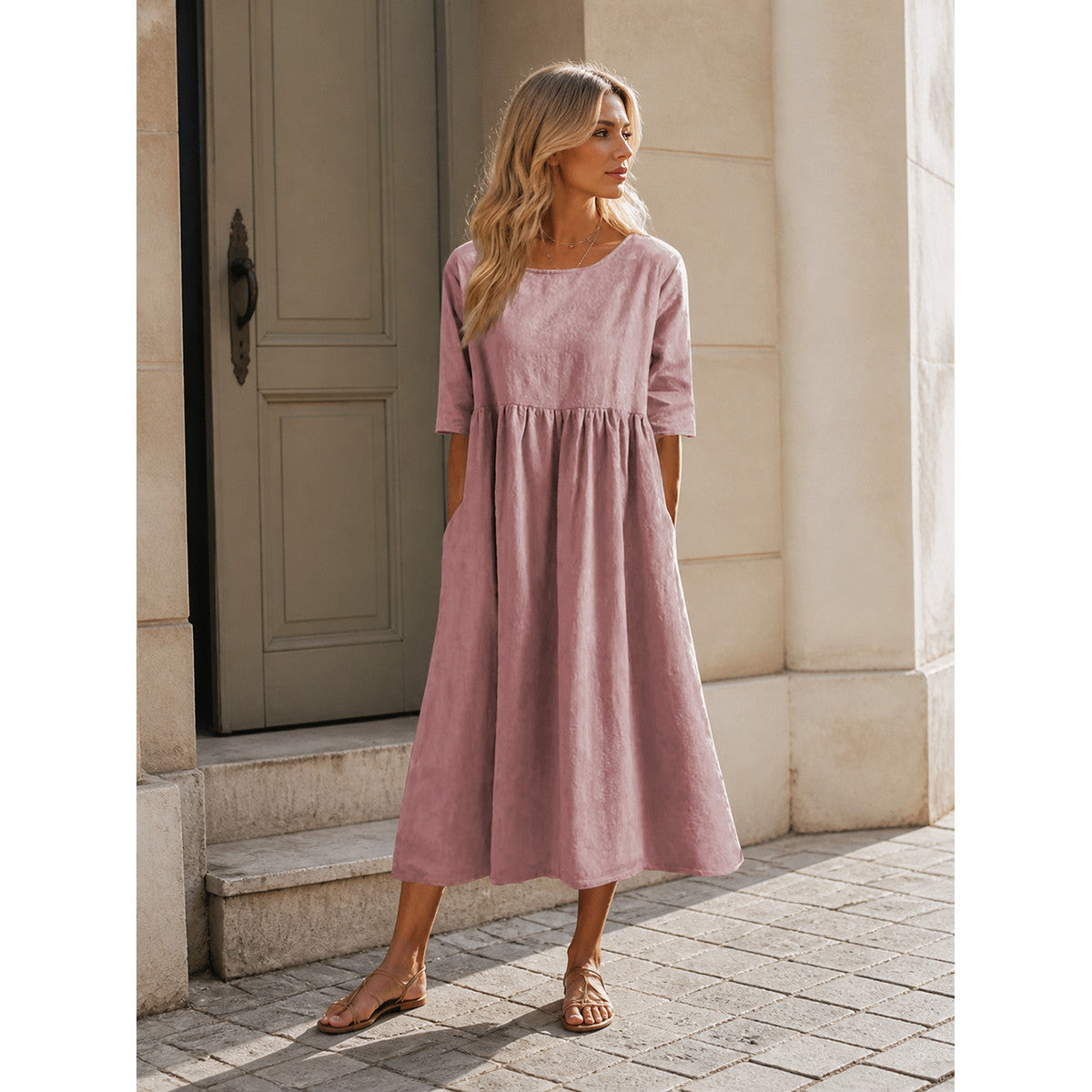 Loose-Fit Dress with a Round Neckline and Gathered Details