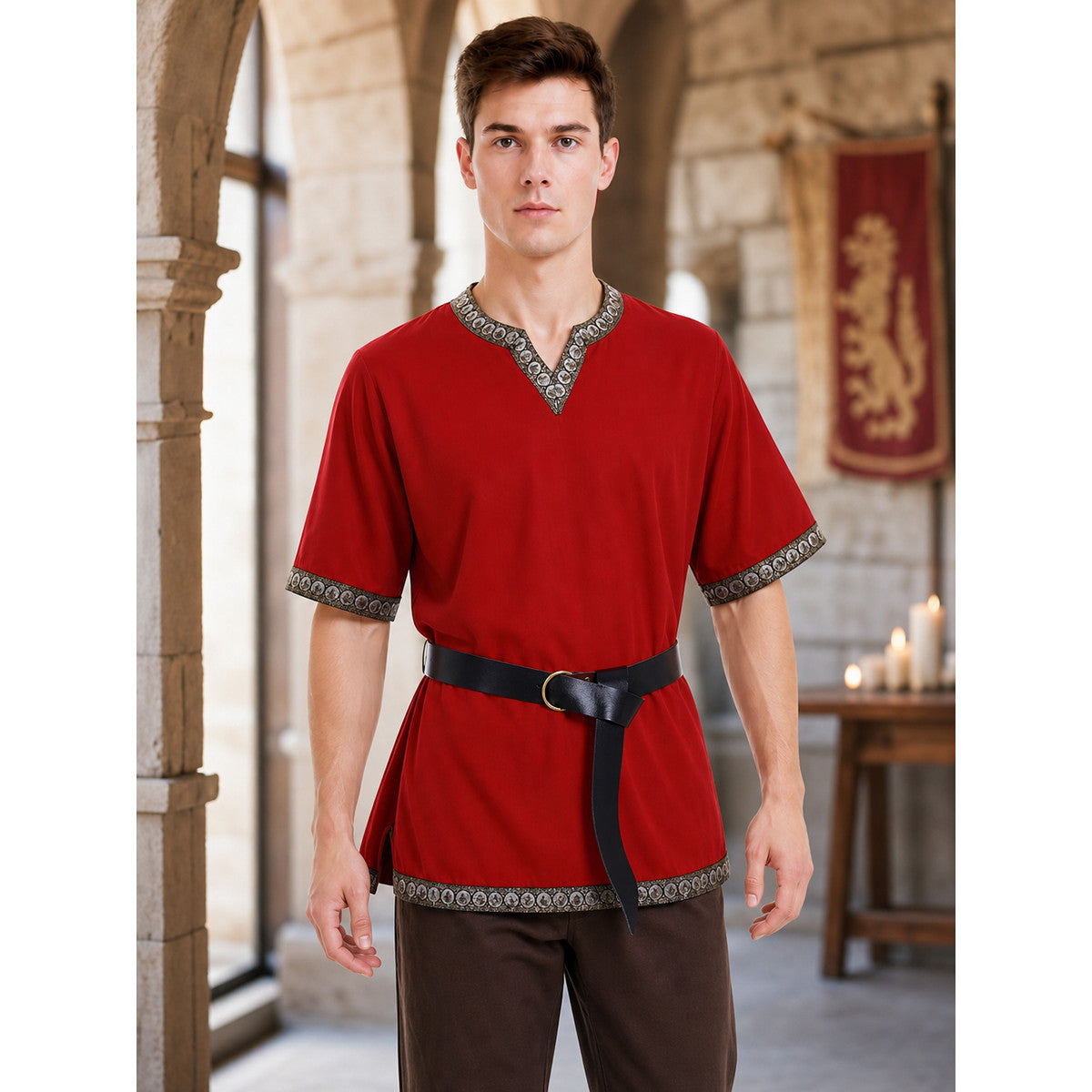 Red Tunic with Belt and Medieval-Style Trim