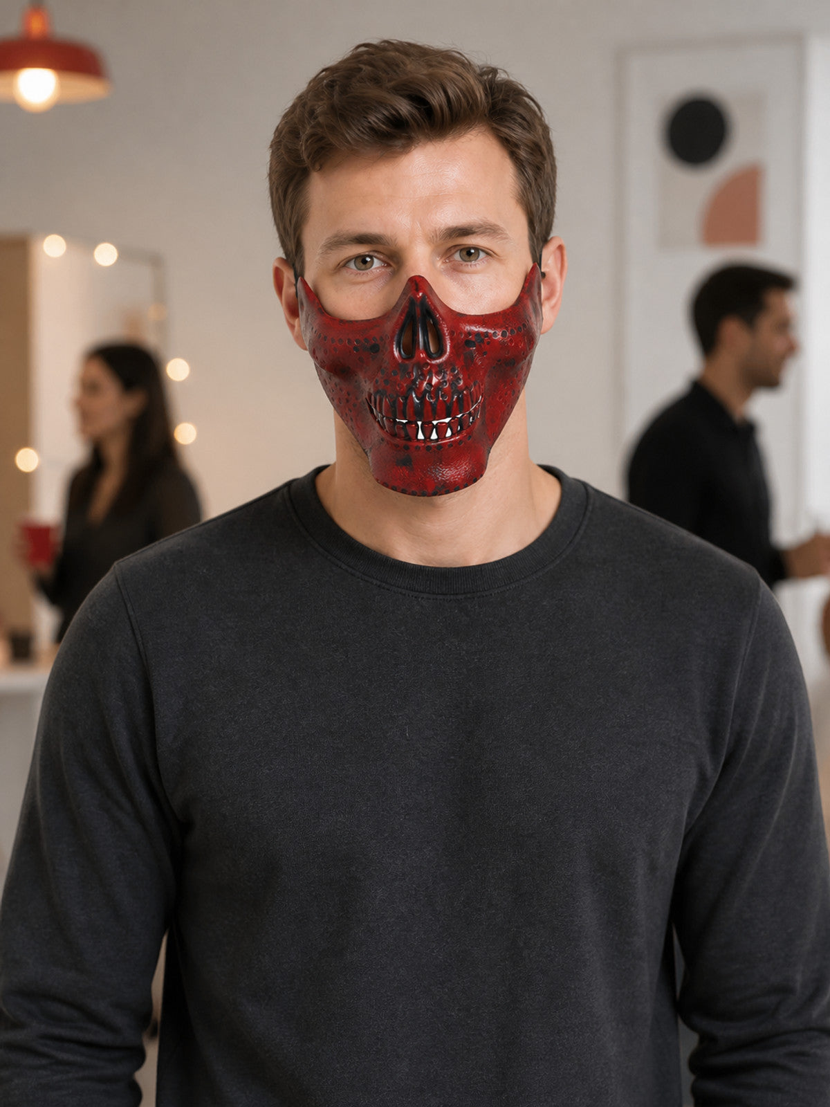 Red-and-Black Skull Half-Mask Halloween Mask