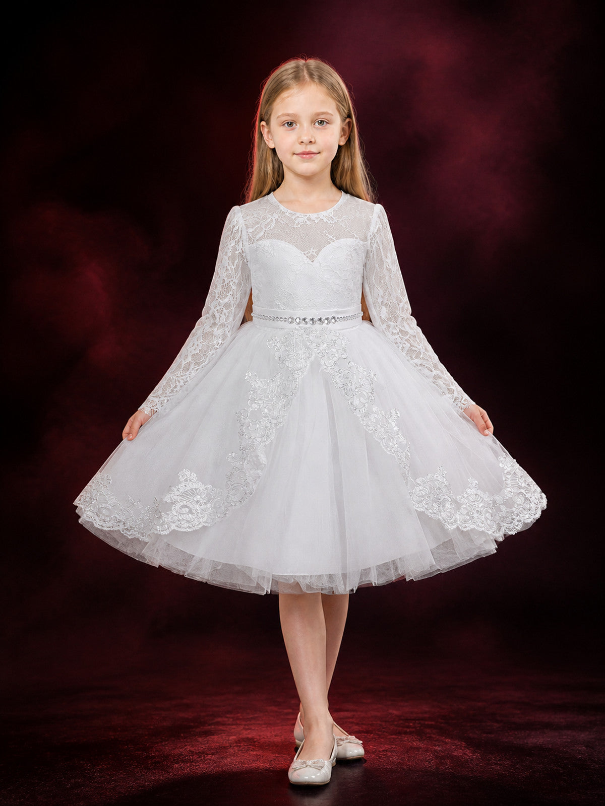 Girls' White Princess Dress, Long Sleeve Lace Tulle Party Formal Gown main product view