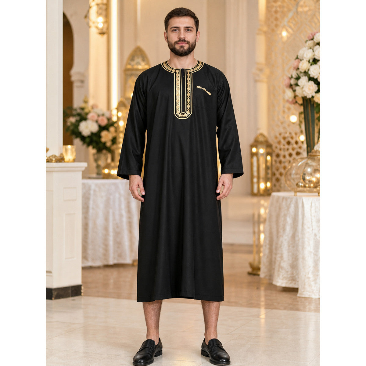 Black long Muslim robe with gold trim lifestyle
