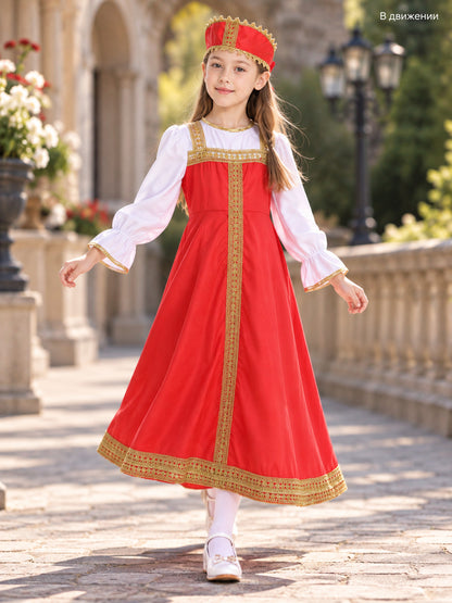 Red Dress with Headpiece and Gold Braid lifestyle view