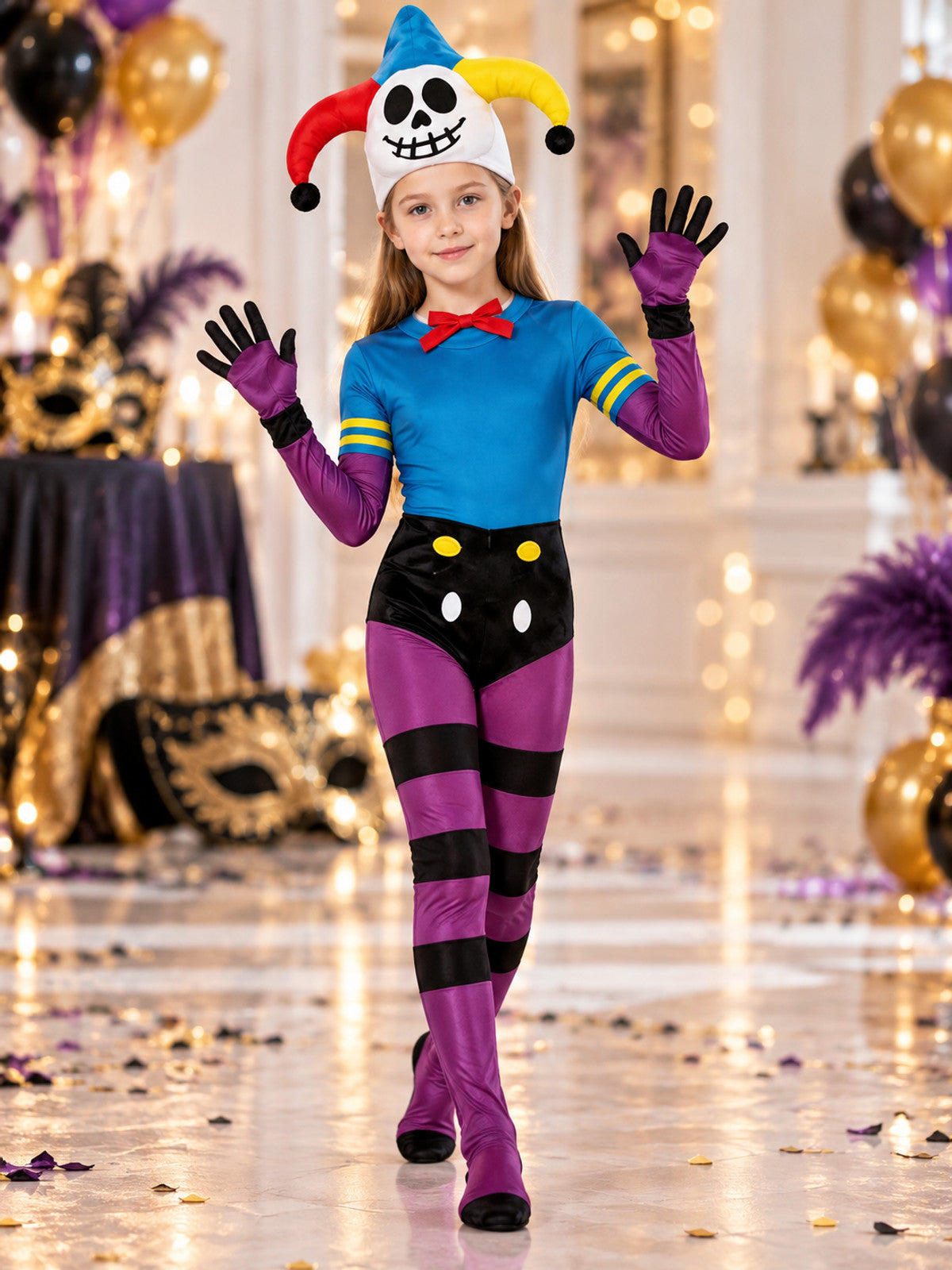 Clown carnival costume with skull mask and bow