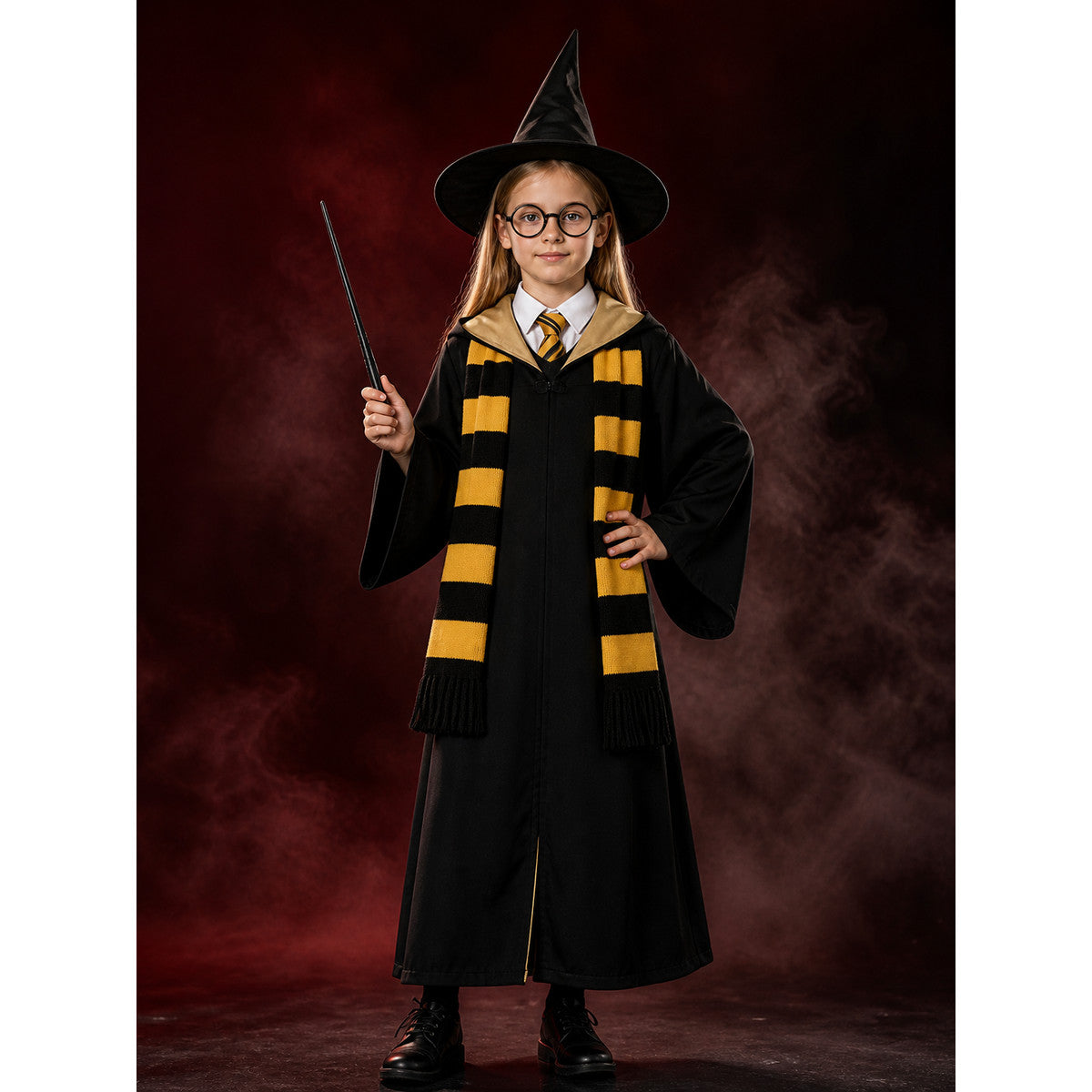 Black Hooded Wizard Robe Costume Set With Hat, Scarf, Tie, Wand And Round main product view