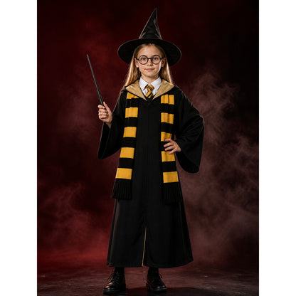 Black Hooded Wizard Robe Costume Set With Hat, Scarf, Tie, Wand And Round main product view