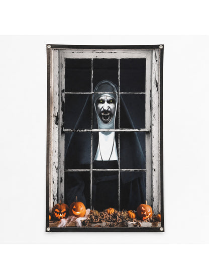 1pc Horror Nun Pattern Wall Cloth, Creepy Window Scene Backdrop Banner, Black